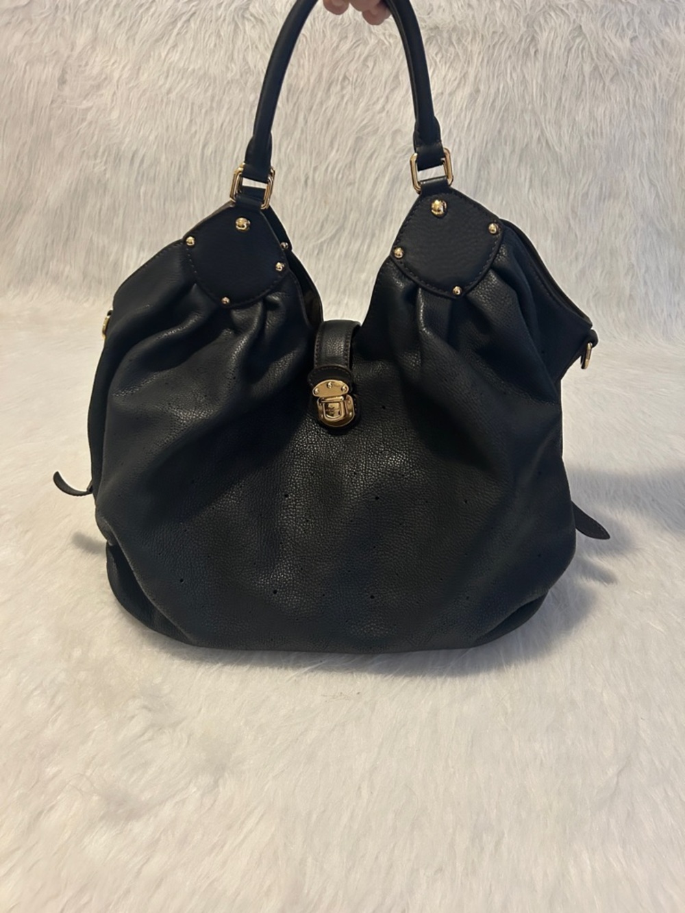 Louis Vuitton Black Pebbled Leather Shoulder Bag with Gold Hardware